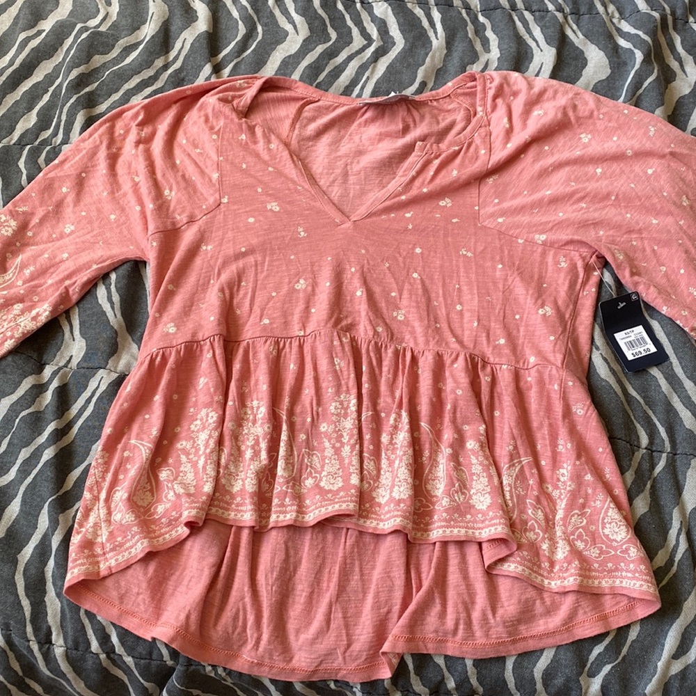 Lucky Brand Pink Floral Bell Sleeve Bohemian Tunic Top
